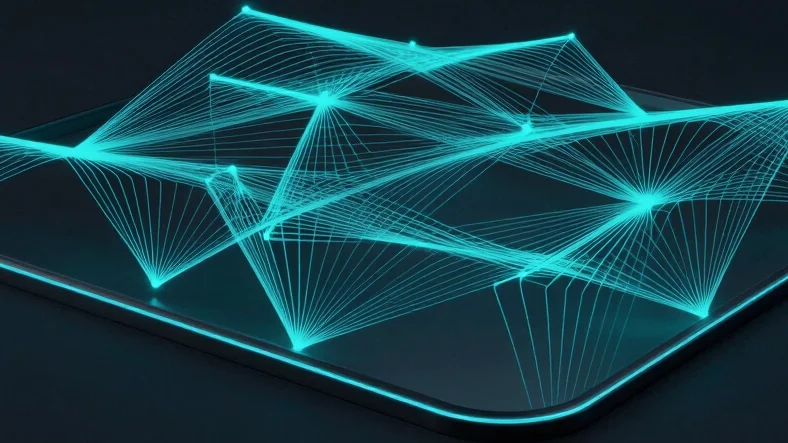 Dark minimalist 3d render of abstract node connectivity visuals, showing data flow diagrams with electric cyan paths, sl