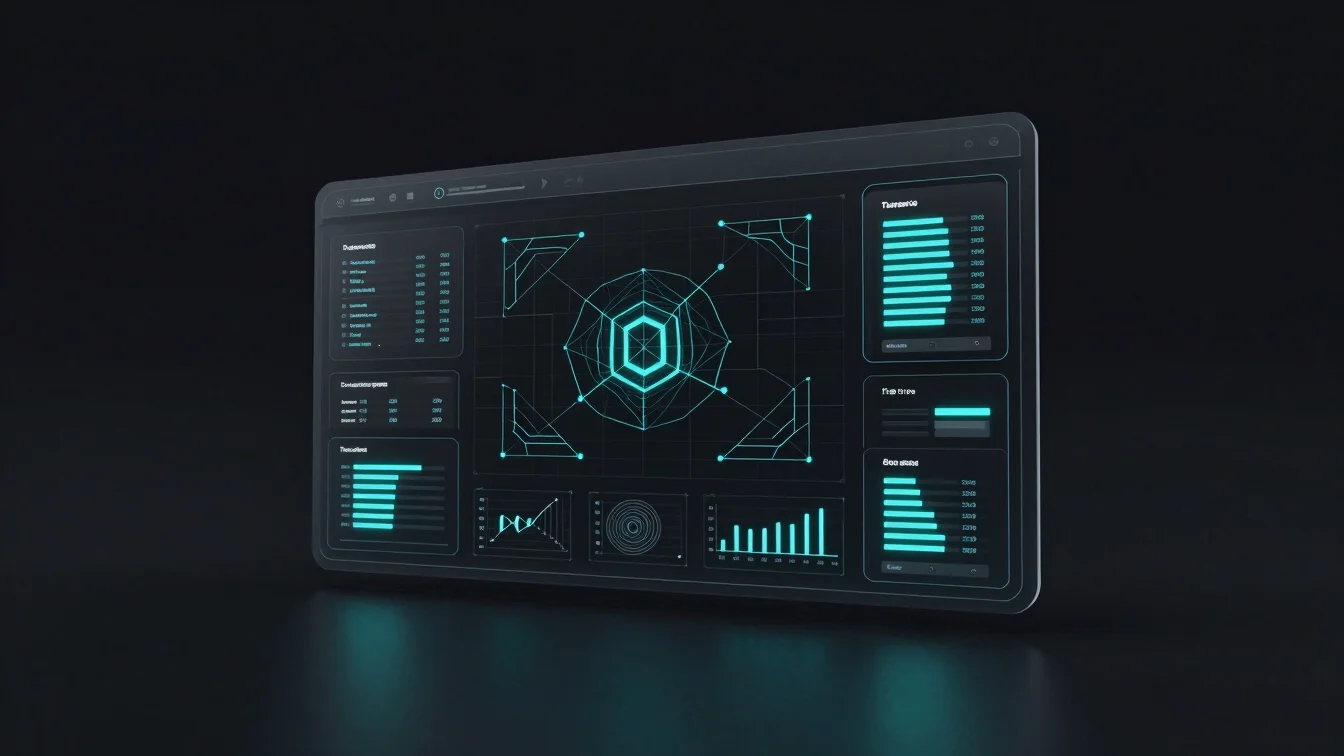 Dark minimalist 3d render of a sleek geometric UI wireframe displaying crisp data visualization with electric cyan highl