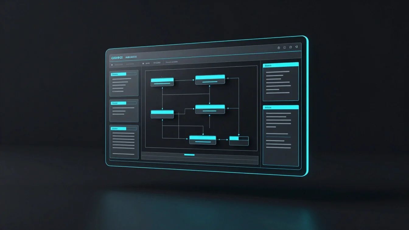 Dark minimalist 3d render of a sleek geometric UI wireframe showing a clear, linear workflow with electric cyan accents,